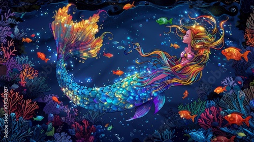 Fantasy: A coloring book illustration of a magical mermaid swimming gracefully in the depths of the ocean