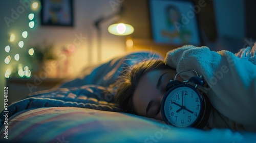An alarm clock set for 7 am rests on a bedside table as a young woman sleeps soundly in her bed. The focus is on the alarm clock, with the sleeping woman in the background. photo