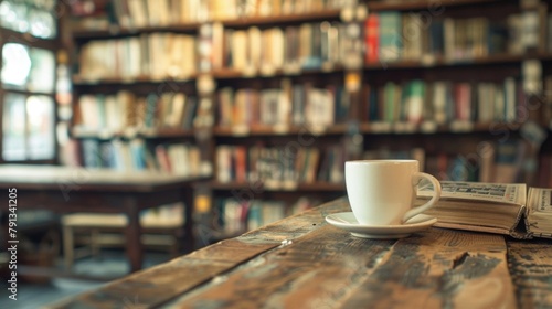 Defocused bookworms paradise Amid the softly blurred shelves of literature a cup of coffee sits peacefully on a worn wooden desk perfect for getting lost in the pages of a classic .