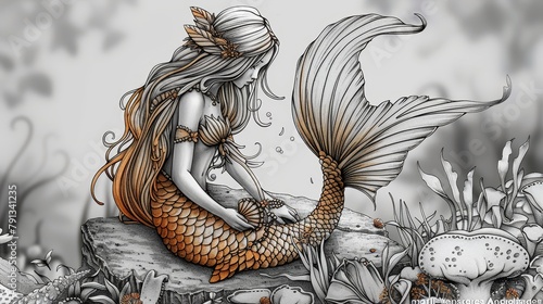 Fantasy Creatures: A coloring book page depicting a mystical mermaid with a shimmering tail
