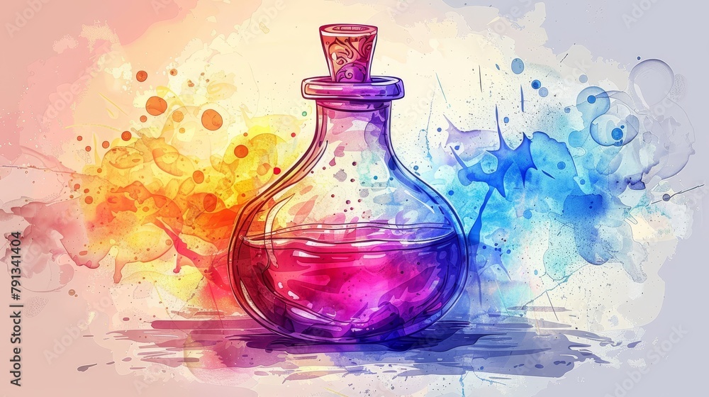 Fantasy elements: A mystical potion bottle, bubbling with colorful liquid Fantasy elements: A mystical potion bottle, bubbling with colorful liquid