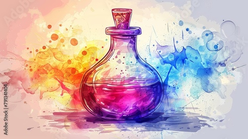 Fantasy elements: A mystical potion bottle, bubbling with colorful liquid