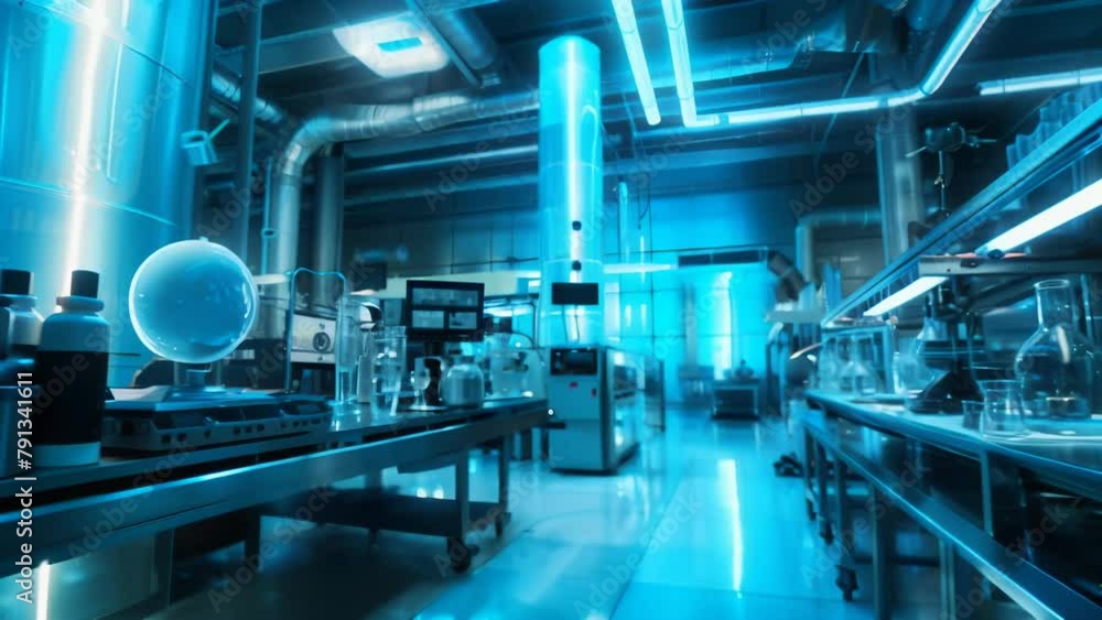 Interior of a research lab late at night. Experimental apparatus and equipment illuminated by bluish-white lighting. Interior of a research lab late at night. Experimental apparatus and equipment illuminated by bluish-white lighting.