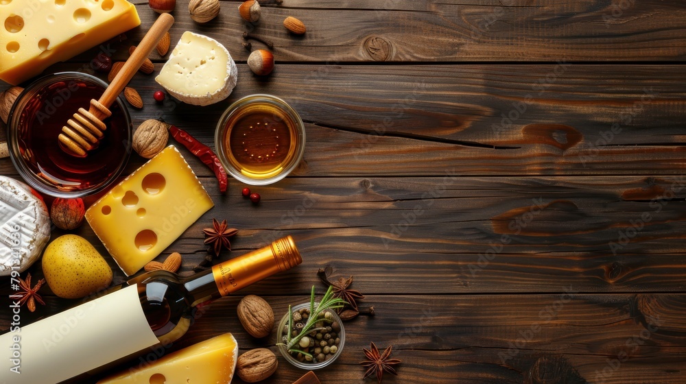 Assortment of cheeses, a bottle of wine, honey, nuts and spices, on a wooden table. 