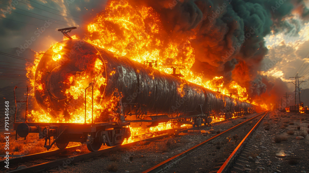 Naklejka premium Freight train burning in the desert at sunset. Industrial disaster