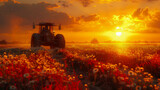 Tractor on soybean field with flowers at sunset