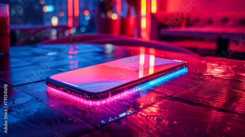 Smartphone with neon light on the bar counter in a nightclub