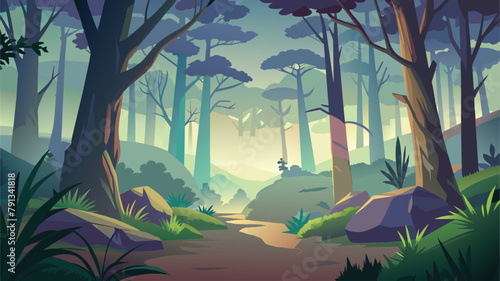 Landscape vector illustration of foggy forest in morning. Misty mountains, Trees, River, Road, Moon