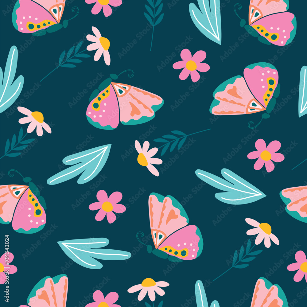 Bright seamless background with butterflies and daisies.
