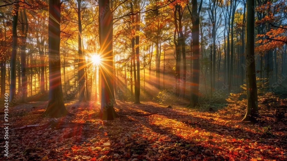 sun beams in an autumn morning wood