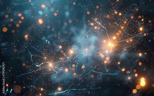 Conceptual illustration of neuron cells with glowing connecting nodes in abstract dark space, 3D illustration #791342471