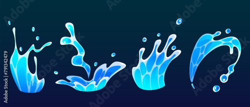 Water splash, drop and cartoon sea wave flow icon. Liquid swirl and blue spray effect 2d abstract motion design clipart. Isolated aqua energy stream and fluid ripple game animation png element set.