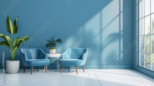 Cozy and stylish living room featuring blue armchairs on a white floor against a blue wall  rendered in 3D.