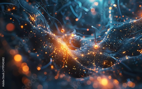 Conceptual illustration of neuron cells with glowing connecting nodes in abstract dark space, 3D illustration