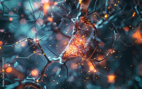 Stimulation or nervous activity of the human brain with close-up 3D rendering illustration of neuron cells.