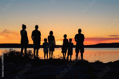 Silhouettes of a family on a trip, bonding under sunset