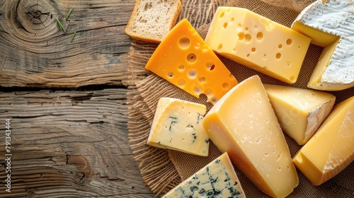 A wooden table with a variety of cheeses on it