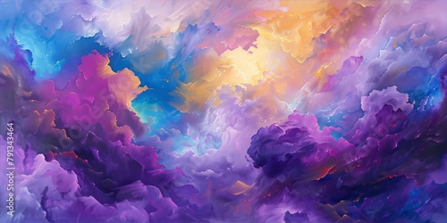 Colorful cloudscape painting with a blend of purple, blue, and yellow hues, rendered in a digital art style, evokes a sense of ethereal beauty and tranquility.