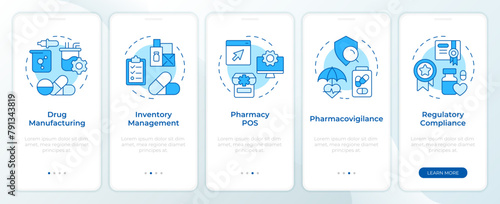 PMS systems blue onboarding mobile app screen. Walkthrough 5 steps editable graphic instructions with linear concepts. UI, UX, GUI template. Montserrat SemiBold, Regular fonts used