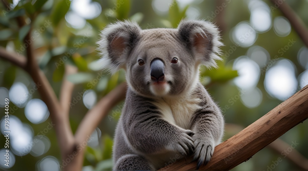 Fototapeta premium Cute and lazy gray Australian koala bear lying on the eucalyptus tree branch, wildlife photography, exotic animal .generative.ai