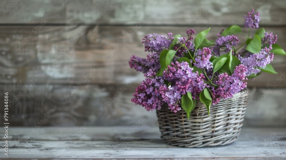 lilac branches in a wicker basket on the surface of aged wooden boards 