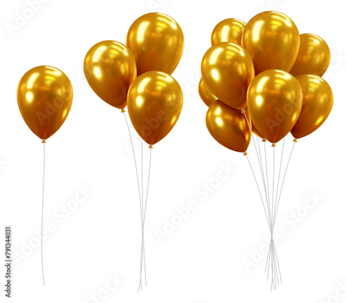 Set of 3d realistic golden glossy holiday balloons. Luxury inflatable shiny gold balloons flying in the air, decorations for birthday or other gala events. Vector illustration