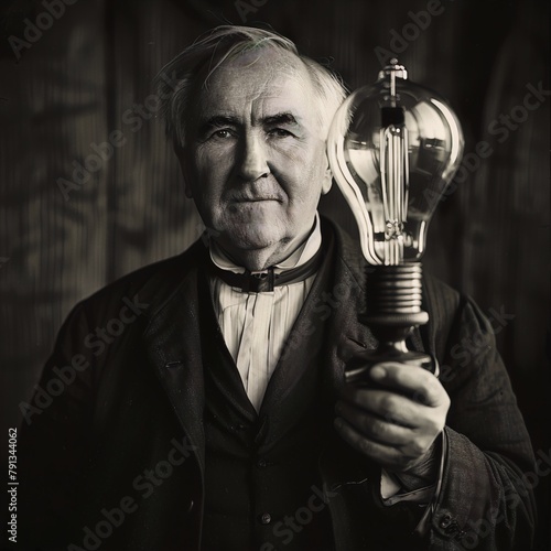 A black and white portrait of Thomas Edison holding an electric light bulb, symbolizing his invention and the brilliance of human innovation.