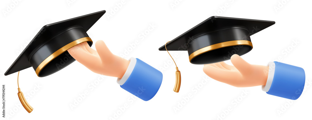 Cute cartoon hand holding or giving black square academic cap or ...