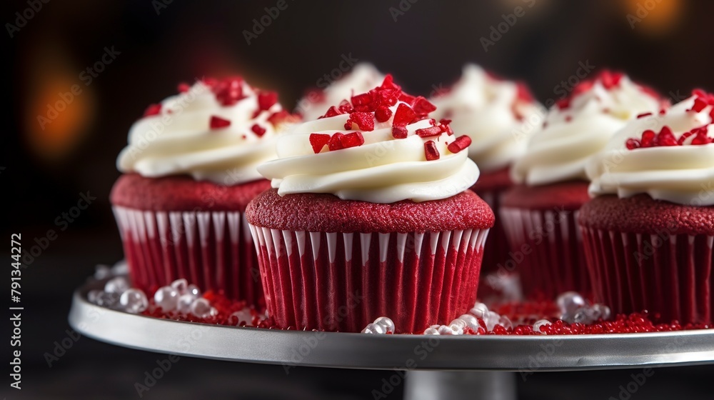 Vibrant red velvet cupcakes with creamy cheese frosting, close-up, decorated with red velvet crumbs, on a silver stand. 