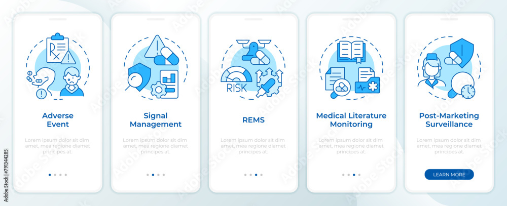 Fototapeta premium Pharmacovigilance blue onboarding mobile app screen. Walkthrough 5 steps editable graphic instructions with linear concepts. UI, UX, GUI template. Montserrat SemiBold, Regular fonts used