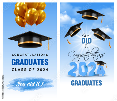 Invitation and congratulations graduates banners, graduate ceremony. Greeting cards with 3d black academic caps and golden balloons on blue sky background with clouds. Vector illustration