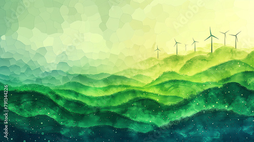wind turbine motifs on a green abstract background, renewable energy
