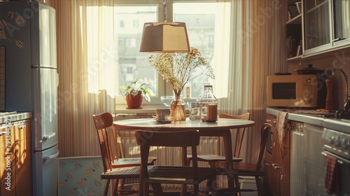 Soviet interior of the 60s in retro style with warm sunlight through the window