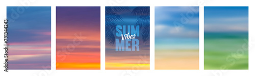 Set of summer soft blurred backgrounds for poster, banner, etc in minimal trendy style. Tranquil sea landscape, horizon with sunny day, clouds, sunrise, sunset on the beach. Vector illustration