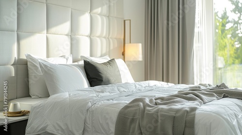 Modern bedroom featuring a sleek upholstered headboard on a white bed complemented by a plush blanket.