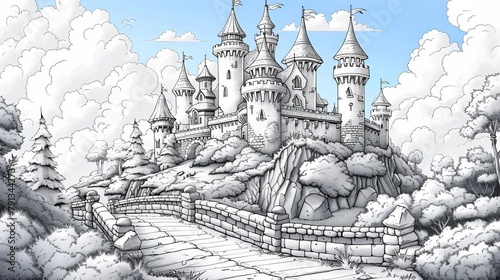 Place: An enchanting coloring book illustration of a fairy-tale castle perched on a hill