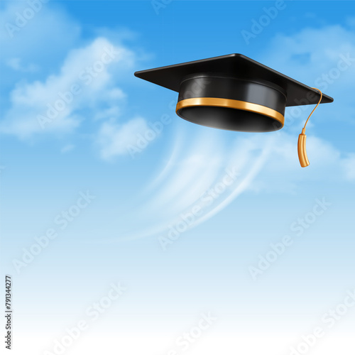 Invitation and congratulations graduates banner, graduate ceremony. Greeting card template with 3d black academic cap thrown up on blue sky background with clouds. Vector illustration