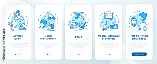 Pharmacovigilance blue onboarding mobile app screen. Walkthrough 5 steps editable graphic instructions with linear concepts. UI, UX, GUI template. Montserrat SemiBold, Regular fonts used