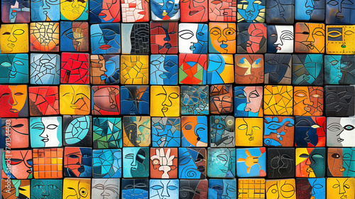 colorful collage of squares with abstract faces photo