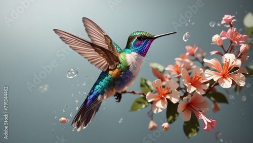 A hummingbird is hovering in front of a branch of pink flowers. The hummingbird is mostly green with a blue head and yellow, white, and black markings on its throat.