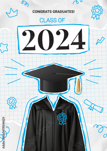 Greeting poster of graduation 2024. Vector collage with graduation cap and gown on torn notebook leaf and crumpled paper. Graduation collage for decoration social media, poster, degree ceremony.