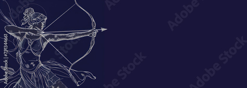 Artemis in Greek religion banner with copy space. the goddess of wild animals, the hunt, vegetation, chastity and childbirth. Artemis was the daughter of Zeus and Leto.