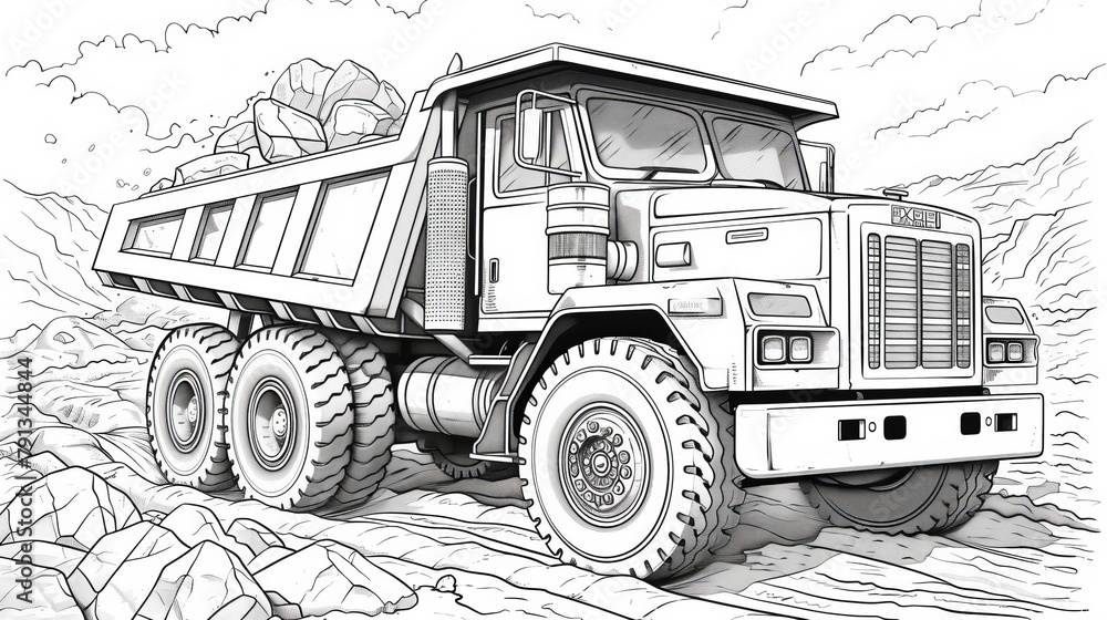 Vehicles: A coloring book page with a big, sturdy dump truck hauling a load of rocks at a construction site