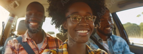 Three young African friends happily travel by car on a road trip during summer vacation photo