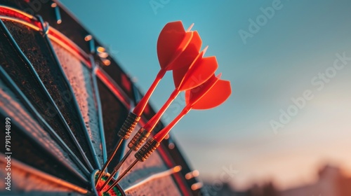Red darts pierce the center of a dartboard against a blue sky. The image represents the achievement of business goals and success. photo
