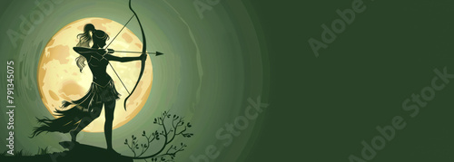 Artemis in Greek religion banner with copy space. the goddess of wild animals, the hunt, vegetation, chastity and childbirth. Artemis was the daughter of Zeus and Leto.