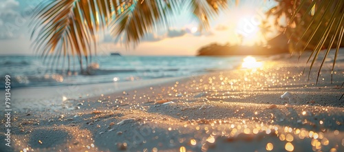 Luminous beach setting, sand speckled with light, defocused palm leaves fluttering, and ocean glitter in the background