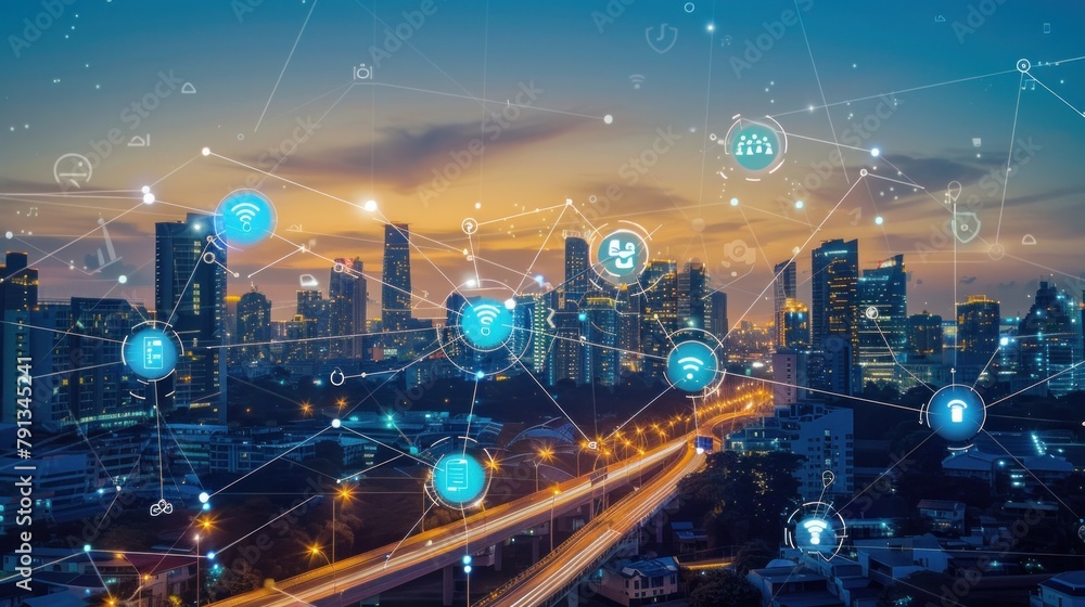 Smart cities connect devices and people through 5G and the Internet of Things (IoT), enabling improved communication and infrastructure. - obrazy, fototapety, plakaty 