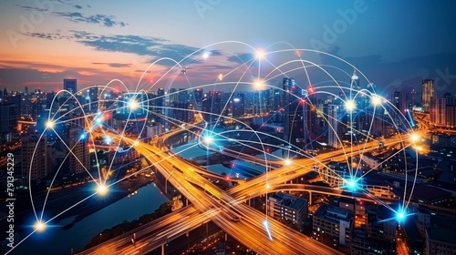 Smart cities connect devices and people through 5G and the Internet of Things (IoT), enabling improved communication and infrastructure. photo