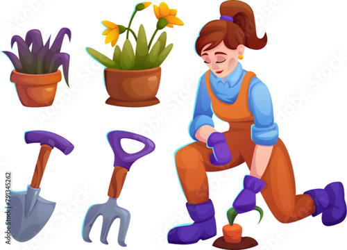 Woman with garden flower plant in pot illustration. Lady planter care vegetable and flowerpot as hobby. Female gardner with shovel and rake equipment set. Botanical career and farming work cartoon